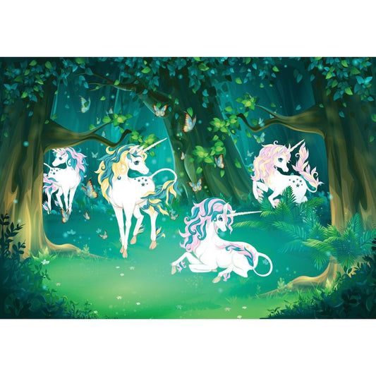 Fototapete EINHORN-(C13858) - Vliestapete-Unicorn Pferd Kind Kids Farben XXL