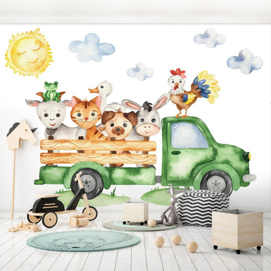 Fototapete-VLIES-FARM DER TIERE-(C13879)-Tapete-Nach-Mass-Bauernhof LKW Tiere Kaninchen Wand Kinder-Spielzimmer XXL