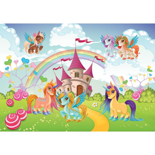 Fototapete EINHORN-(C13882) - Vliestapete-Unicorn Pferd Kind Kids Farben XXL