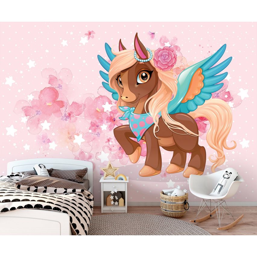 Fototapete EINHORN-(C13883) - Vliestapete-Unicorn Pferd Kind Kids Farben XXL
