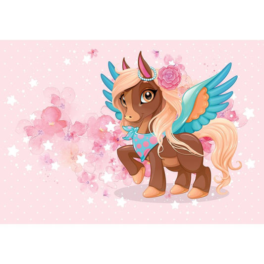 Fototapete EINHORN-(C13883) - Vliestapete-Unicorn Pferd Kind Kids Farben XXL