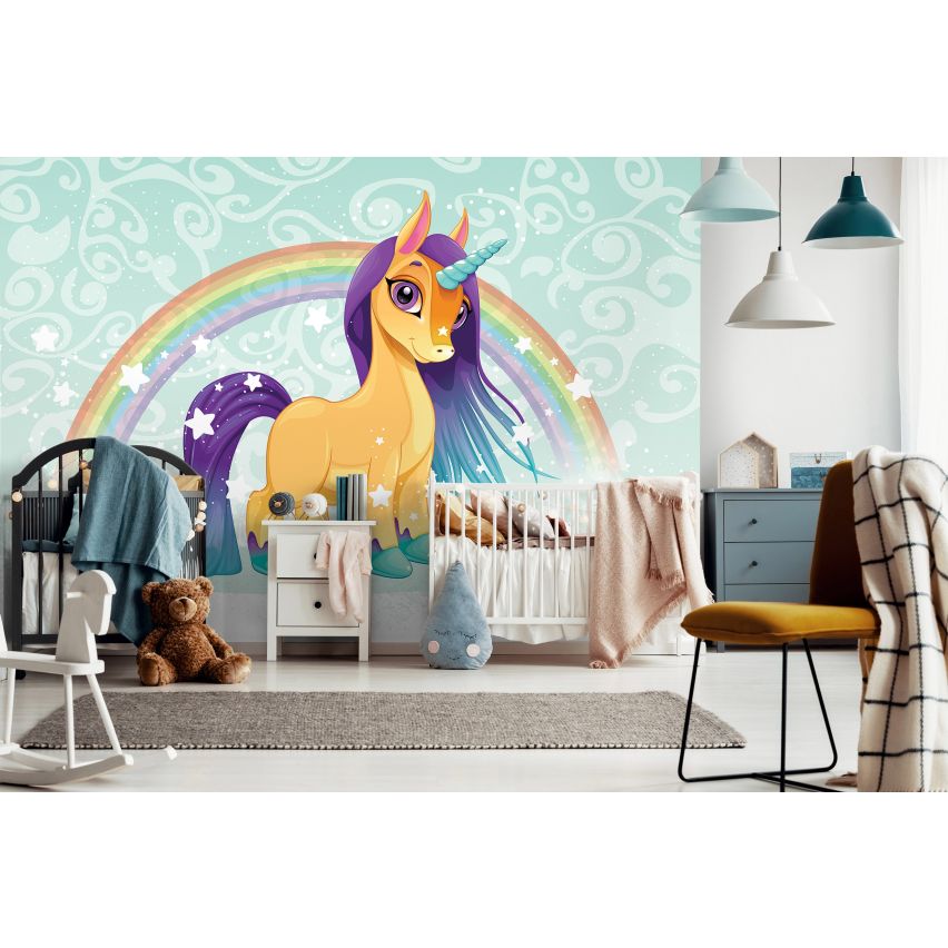 Fototapete EINHORN-(C13884) - Vliestapete-Unicorn Pferd Kind Kids Farben XXL