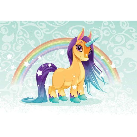 Fototapete EINHORN-(C13884) - Vliestapete-Unicorn Pferd Kind Kids Farben XXL