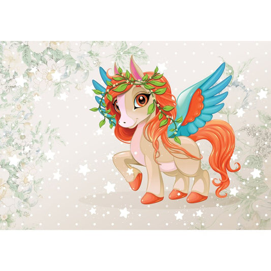 Fototapete EINHORN-(C13885) - Vliestapete-Unicorn Pferd Kind Kids Farben XXL