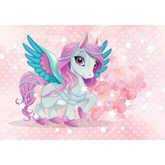 Fototapete EINHORN-(C13886) - Vliestapete-Unicorn Pferd Kind Kids Farben XXL
