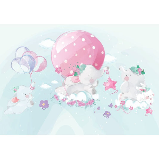 Fototapete-VLIES-ELEFANTEN UND LUFTBALLON-(C14072)-Tapete-Nach-Mass-Tiere Kaninchen Wand Kinder-Spielzimmer XXL