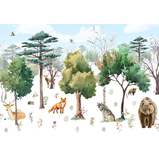Fototapete-VLIES-TIERE AUS DEM WALD-(C14411)-Tapete-Nach-Mass-Waldfläche Tiere Hase Karnickel Wand Kinder-Spielzimmer XXL