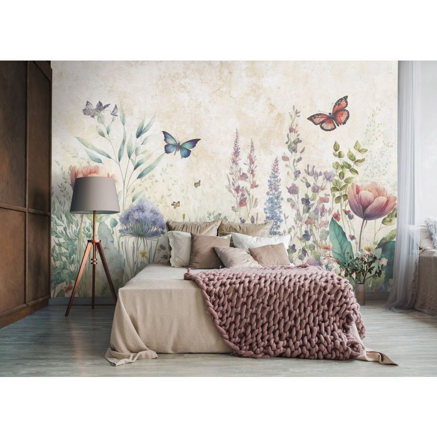 Fototapete-VLIES-BLUMENFELD SCHMETTERLING-(C14680)-Tapete-Nach-Mass-Kinder Spielzimmer Blume XXL