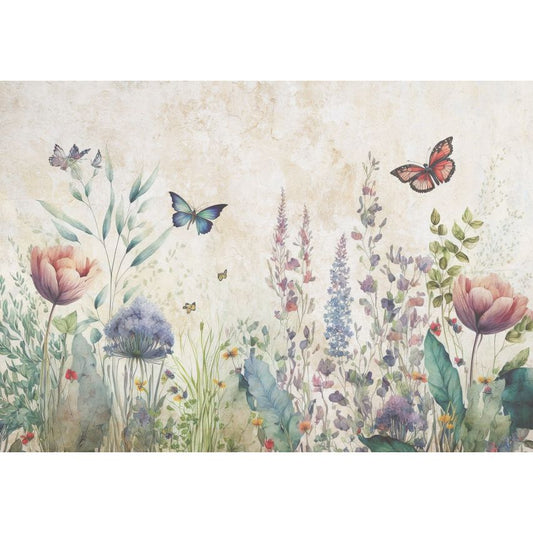 Fototapete-VLIES-BLUMENFELD SCHMETTERLING-(C14680)-Tapete-Nach-Mass-Kinder Spielzimmer Blume XXL