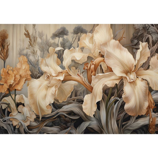 Fototapete BLUMEN-(C14728) - Vliestapete-Beige Grau Blume Blätter XXL