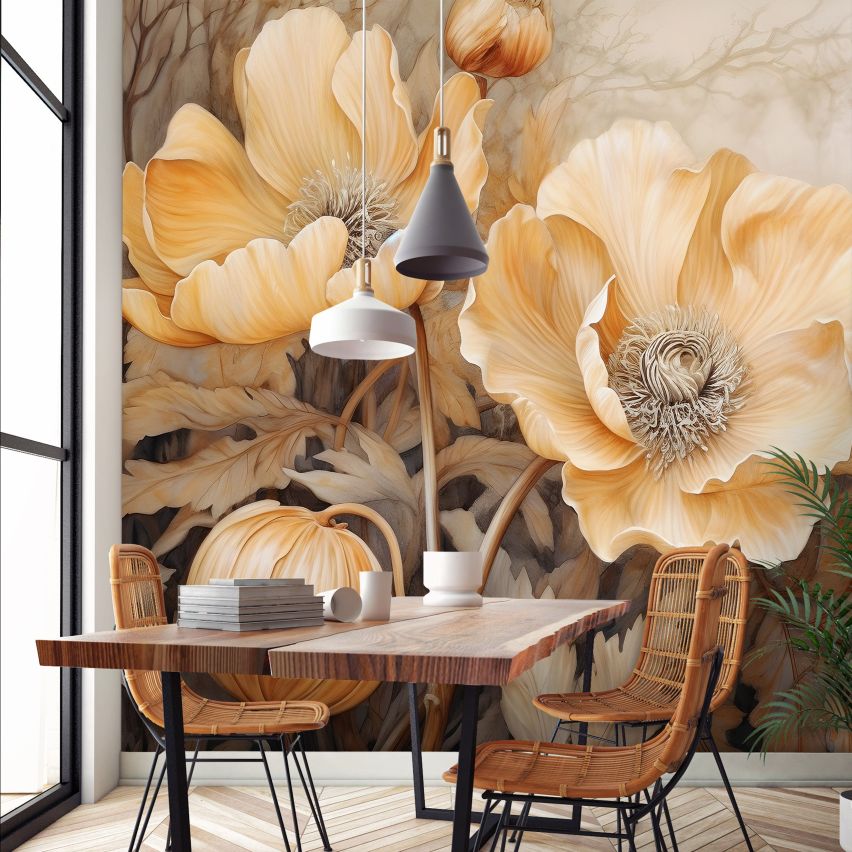 Fototapete BLUMEN-(C14730) - Vliestapete-Beige Blume Blätter XXL