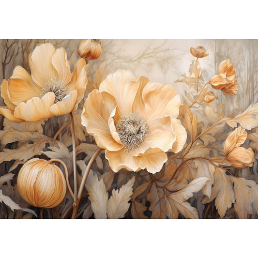 Fototapete BLUMEN-(C14730) - Vliestapete-Beige Blume Blätter XXL