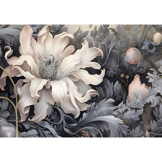 Fototapete BLUMEN-(C14732) - Vliestapete-Beige Grau Silber Blume Blätter XXL