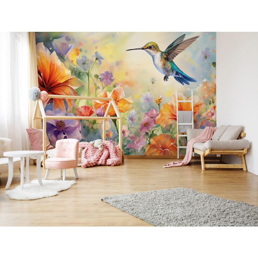 Fototapete-VLIES-COLIBRI-BLUMEN-(C15017)-Tapete-Nach-Mass-Kinder Spielzimmer XXL