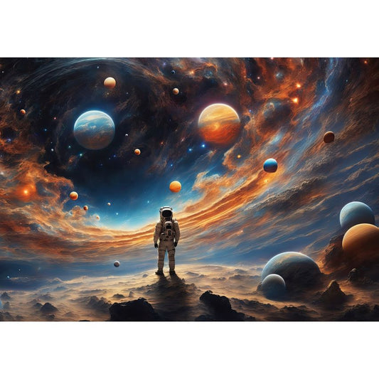 Fototapete ASTRONAUT BEI DER ARBEIT-(C15331) - Vliestapete-Planeten Mond Wolken Sterne Galaxie Kind Spielzimmer XXL