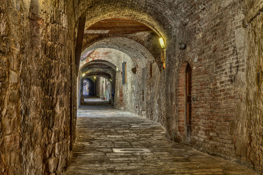 Photo Wall Mural-STONE ARCH-(3370)-NON WOVEN-Wallpaper-Tunel Brown Red Brick Walkway Sun XXL