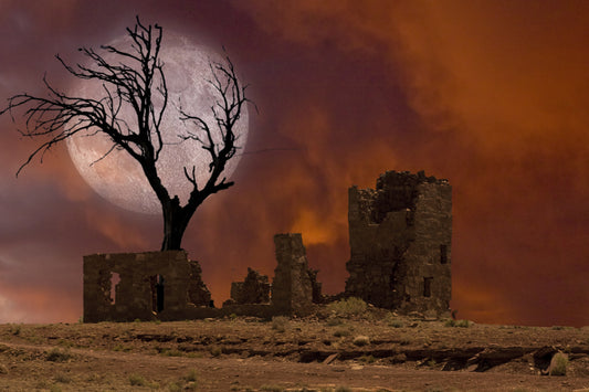 Fototapete VLIES-MONDAUERNDE RUINEN-(4028S)-Baum Mythos Haus Wüste XXL